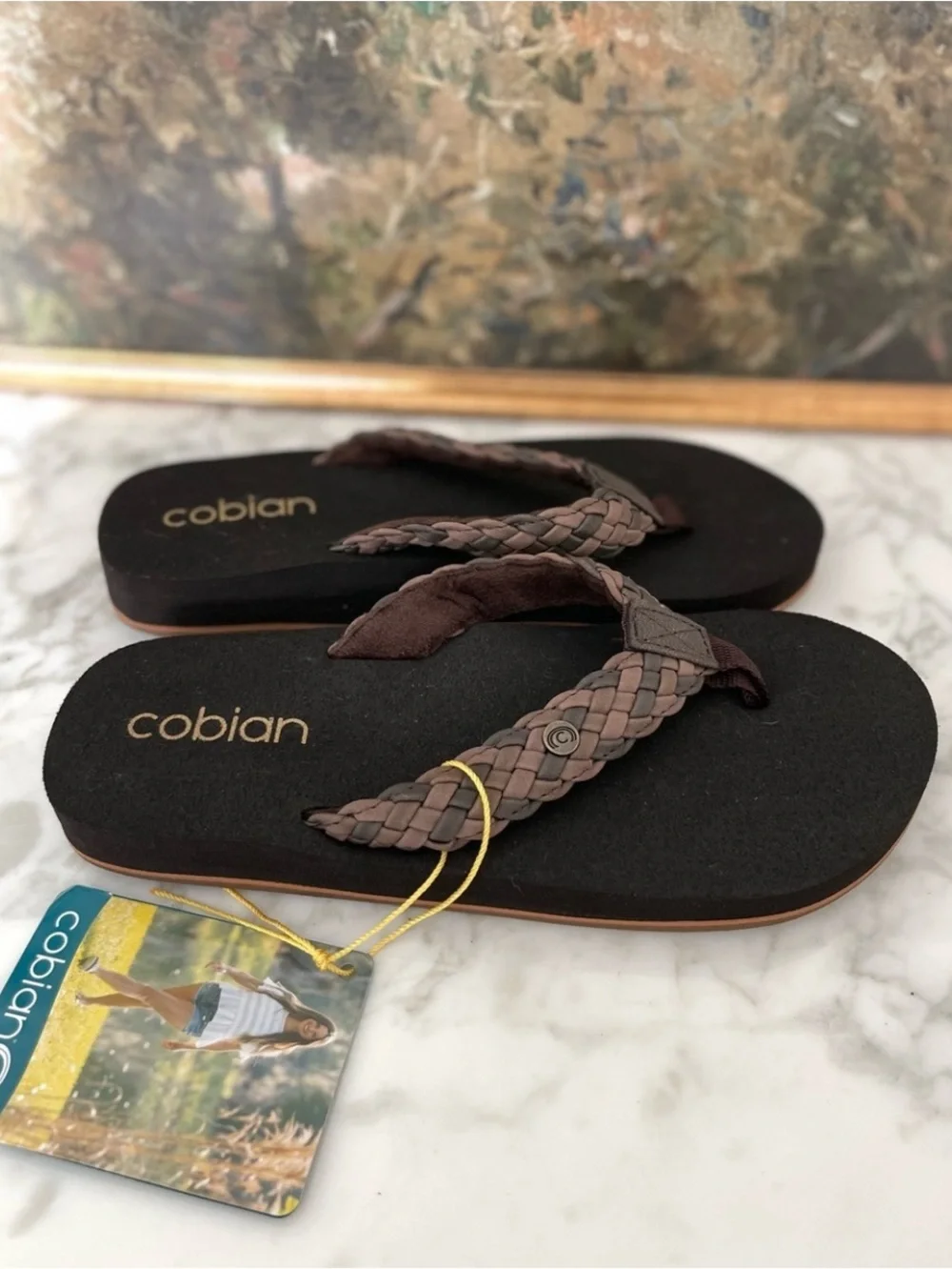 Cobian Leather Braided Bounce Chocolate Flip Flop size 7 Sandals Brown - Picture 1 of 6